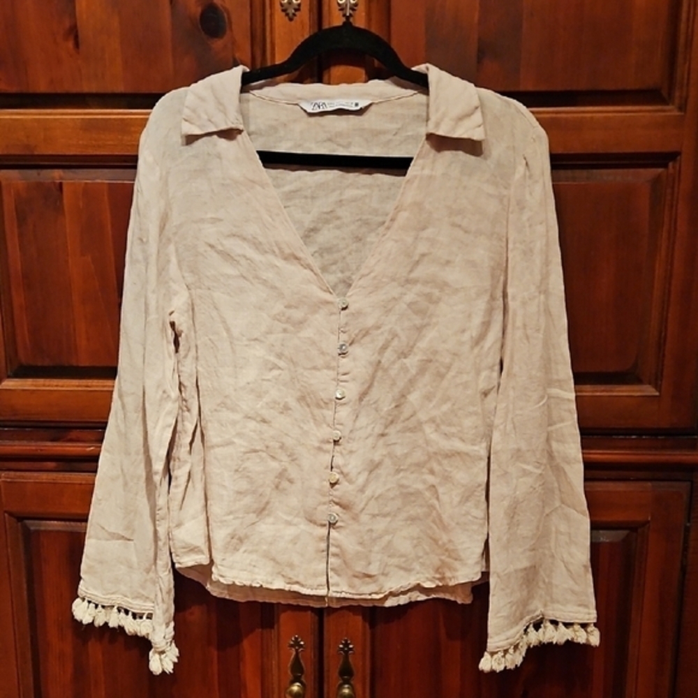 Zara Cream V-Neck Button Down, Fringe On Sleeves, Boho, Sz Med. - Picture 1 of 7